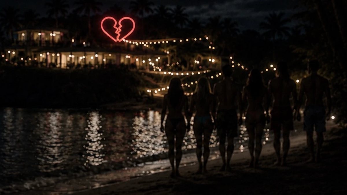 Heartbreak Bay key art: figures on a night beach below a broken neon heart